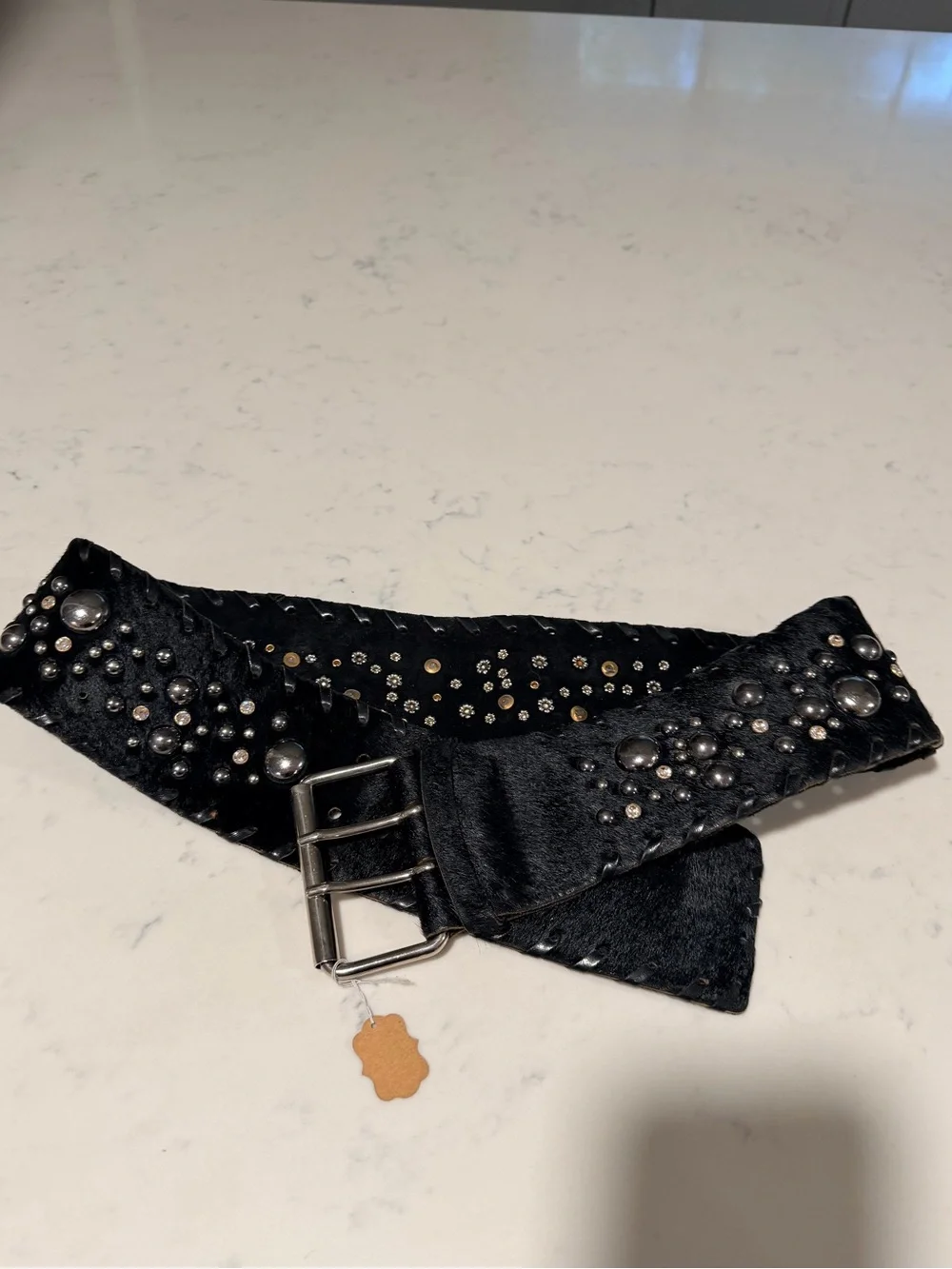 Black Studded Wide Waist Belt with Silver Buckle